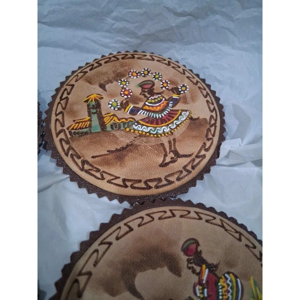 Vintage Andean Leather Coaster Set Of 4 Handpainted Designs Colorful 3.5 